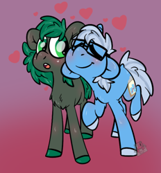 Size: 432x466 | Tagged: safe, artist:lilsunshinesam, derpibooru import, oc, oc only, oc:algorithm, oc:minus, earth pony, pony, unicorn, cute, cutie mark, gay, glasses, male, nuzzling, shipping