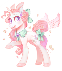 Size: 654x748 | Tagged: safe, artist:kingbalberith, oc, oc only, pony, unicorn, bow, ear piercing, earring, floating wings, hair bow, jewelry, piercing, simple background, smiling, solo, tail bow, transparent background