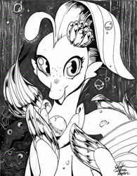 Size: 3262x4175 | Tagged: safe, artist:alts-art, princess skystar, seapony (g4), my little pony: the movie, bubble, cute, female, fin wings, fins, flower, flower in hair, grayscale, happy, high res, inktober, jewelry, looking at you, monochrome, necklace, ocean, open mouth, pearl necklace, seaquestria, shelldon, shelly, signature, smiling, smiling at you, solo, swimming, traditional art, underwater, water, wings