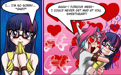 Size: 532x332 | Tagged: safe, artist:mauroz, pinkie pie, sci-twi, twilight sparkle, human, :3, belly button, blushing, cheerleader, clone, clothes, comic, crying, cute, dialogue, duo, duo female, female, glasses, heart eyes, hug, humanized, looking at you, not lesbian, open mouth, speech bubble, tanktop, twiabetes, wingding eyes