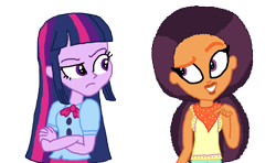 Size: 1500x890 | Tagged: safe, artist:bigpurplemuppet99, derpibooru import, saffron masala, twilight sparkle, equestria girls, afro, alternate hairstyle, bun hairstyle, equestria girls-ified, female, lesbian, shipping, twiffron