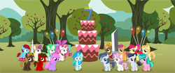 Size: 5477x2290 | Tagged: safe, artist:cyanlightning, apple bloom, aquamarine, button mash, noi, rumble, scootaloo, shady daze, sweetie belle, oc, oc:aureai, oc:autumn moon, oc:chip, oc:cyan lightning, oc:emerald lightning, oc:iphigenia, oc:mellow rhythm, oc:melody notes, alicorn, earth pony, pegasus, pony, unicorn, age regression, apple, apple tree, balloon, bow, buster sword, buttoncorn, cake, cape, clothes, colt, crown, female, filly, final fantasy, final fantasy vii, food, hair bow, happy birthday mlp:fim, jewelry, king button mash, kneesocks, looking at you, male, mlp fim's seventh anniversary, open mouth, regalia, rule 63, scarf, smiling, socks, stockings, sword, tree, vector, weapon, younger