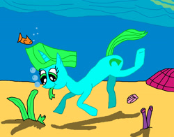 Size: 3306x2593 | Tagged: safe, artist:sb1991, oc, oc only, oc:ocean blue, fish, pony, coral, eating, seaweed, shell, underwater