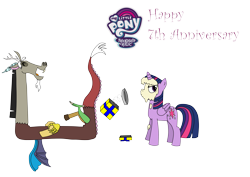 Size: 2868x2033 | Tagged: safe, artist:twi clown, derpibooru exclusive, discord, twilight sparkle, twilight sparkle (alicorn), alicorn, gag gift, happy birthday mlp:fim, mlp fim's seventh anniversary, pied