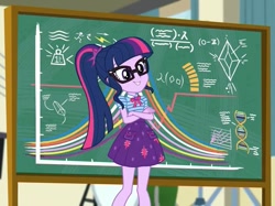 Size: 965x720 | Tagged: safe, screencap, sci-twi, twilight sparkle, better together, equestria girls, overpowered (equestria girls), chalkboard, clothes, cropped, crossed arms, cute, female, geode of telekinesis, glasses, ponytail, skirt, smiling, solo, twiabetes