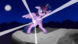 Size: 1920x1080 | Tagged: safe, artist:uber-dragon, twilight sparkle, twilight sparkle (alicorn), alicorn, bipedal, dragon ball, kamehameha, messy mane, moon, solo, super saiyan princess