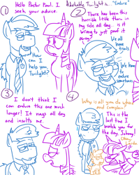 Size: 1280x1611 | Tagged: safe, artist:adorkabletwilightandfriends, twilight sparkle, oc, oc:johnny, oc:pastor paul, pony, comic:adorkable twilight and friends, adorkable twilight, babysit, beard, comic, facial hair, fat joke, foalsitter, foalsitting, glasses, humor, lineart, necktie, slice of life