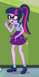 Size: 321x630 | Tagged: safe, derpibooru import, screencap, sci-twi, twilight sparkle, better together, equestria girls, stressed in show, stressed in show: pinkie pie, clothes, cropped, geode of telekinesis, glasses, legs, lockers, magical geodes, ponytail, shoes, skirt, solo