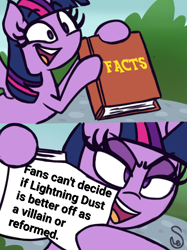 Size: 1660x2219 | Tagged: safe, artist:quarium edits, derpibooru import, edit, lightning dust, twilight sparkle, twilight sparkle (alicorn), alicorn, the washouts (episode), 2 panel comic, comic, drama, ed edd n eddy, exploitable meme, lightning dust drama, meme, solo, twilight's fact book