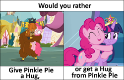 Size: 1018x658 | Tagged: safe, derpibooru import, edit, edited screencap, screencap, pinkie pie, prince rutherford, twilight sparkle, twilight sparkle (alicorn), alicorn, earth pony, pony, equestria girls, equestria girls (movie), party pooped, big crown thingy, bronybait, cloven hooves, cropped, exploitable meme, female, hug, image macro, jewelry, male, mare, meme, pinkie pie day, regalia, text, would you rather