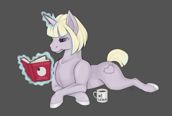 Size: 4483x3018 | Tagged: safe, artist:adaacid, artist:xxanemic333vampirexx, derpibooru import, oc, oc:punky heart, pony, unicorn, blonde, book, coffee, lavander, lonely, loser, mug, murakami, punky heart, purple, reading, sad, short hair, sputnik sweetheart