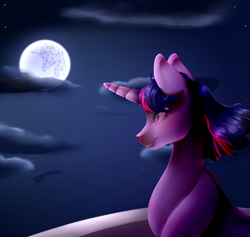 Size: 1106x1047 | Tagged: safe, artist:xxmissteaxx, derpibooru import, twilight sparkle, pony, unicorn, balcony, cloud, digital art, female, full moon, mare, mare in the moon, moon, night, smiling, solo