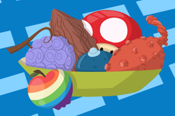 Size: 2048x1359 | Tagged: safe, artist:cozmospace, abstract background, apple, bowl, devil fruit, dragon ball z, food, fruit, fruit bowl, gomu gomu no mi, mega seed, mushroom, no pony, one piece, oran berry, pokémon, rick and morty, super mario bros., tree of might, zap apple