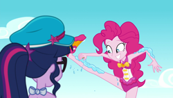 Size: 1920x1080 | Tagged: safe, derpibooru import, screencap, pinkie pie, sci-twi, twilight sparkle, better together, equestria girls, forgotten friendship, clothes, cupcake, duo, duo female, female, food, geode of sugar bombs, hat, magical geodes, swimsuit