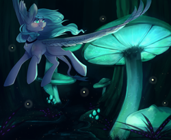 Size: 2200x1800 | Tagged: safe, artist:skylacuna, derpibooru import, oc, oc only, oc:auryon, pegasus, pony, collar, female, flying, giant mushroom, glowing mushroom, mare, mushroom, smiling, solo, spread wings, wings