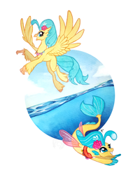 Size: 1000x1250 | Tagged: safe, artist:featherpaw14, derpibooru import, princess skystar, classical hippogriff, hippogriff, pony, seapony (g4), my little pony: the movie, cute, duality, female, flying, gouache, happy, jewelry, mare, necklace, self ponidox, skyabetes, smiling, solo, spread wings, swimming, traditional art, underwater, water, watercolor painting, wings