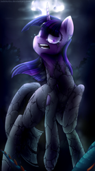 Size: 960x1728 | Tagged: safe, artist:jadekettu, derpibooru import, twilight sparkle, unicorn twilight, cockatrice, pony, unicorn, stare master, crying, female, full moon, moon, open mouth, petrification, resist, solo, stone, this will not end well