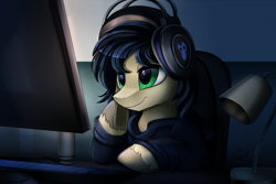 Size: 2117x1417 | Tagged: safe, artist:pridark, derpibooru import, oc, oc only, earth pony, pony, clothes, cloven hooves, commission, computer, green eyes, headphones, lamp, male, smiling, solo, underhoof