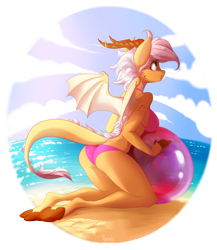 Size: 2480x2863 | Tagged: safe, artist:crazy-leg, oc, oc only, oc:arita, anthro, dracony, hybrid, unguligrade anthro, ball, beach, bikini, breasts, clothes, commission, female, high res, ocean, panties, signature, swimsuit, underwear, water, ych result