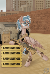 Size: 853x1280 | Tagged: safe, artist:catdclassic, oc, oc only, pegasus, pony, ammobox, blue eyes, desert tech mdr, glasses, gun, mre, weapon