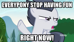 Size: 960x540 | Tagged: safe, edit, edited screencap, screencap, rumble, pegasus, pony, marks and recreation, colt, discovery family logo, frown, glare, image macro, male, meme, no fun allowed, open mouth, raised hoof, solo