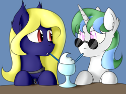 Size: 5000x3730 | Tagged: safe, artist:renderpoint, oc, oc only, oc:butter cream, oc:crescent, bat pony, unicorn, bat pony oc, best friends, blind, commission, cross, fangs, female, glasses, jewelry, looking at each other, mare, milkshake, pendant, sharing a drink, sipping, straw