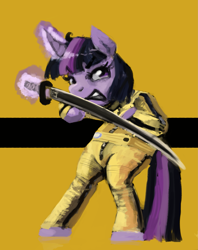 Size: 2023x2558 | Tagged: safe, artist:toisanemoif, twilight sparkle, pony, angry, bipedal, katana, kill bill, solo, sword, weapon