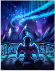 Size: 1024x1326 | Tagged: safe, artist:crazydragonqueen, twilight sparkle, twilight sparkle (alicorn), alicorn, pony, twilight's kingdom, aurora borealis, balcony, crown, crystal empire, jewelry, mountain, night, regalia, snow, solo, stars