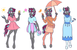 Size: 2352x1544 | Tagged: safe, artist:breeoche, oc, oc only, oc:solarsteinn, anthro, unguligrade anthro, autumn, barehoof, clothes, collar, dress, female, fortune teller, gray coat, scarf, seasons, spring, standing, summer, tail, umbrella, winter