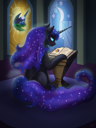 Size: 1024x1365 | Tagged: safe, artist:countessmrose, nightmare moon, alicorn, pony, journal of the two sisters, alternate timeline, castle of the royal pony sisters, female, indoors, mare, missing cutie mark, nightmare takeover timeline, reading, sitting, solo