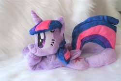 Size: 5472x3648 | Tagged: safe, artist:kazzysart, derpibooru import, twilight sparkle, twilight sparkle (alicorn), alicorn, pony, beanie (plushie), female, folded wings, horn, irl, mare, photo, plushie, prone, solo, wings