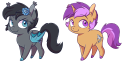 Size: 2193x1090 | Tagged: safe, artist:mayaliicious, oc, oc only, oc:seachell, oc:sharkbutt, bat pony, unicorn, chibi, flower, flower in hair, sharkchell