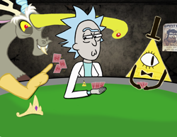 Size: 1584x1224 | Tagged: safe, artist:festive-luna, discord, bill cipher, crossover, gravity falls, newbie artist training grounds, playing card, poker, rick and morty, rick sanchez