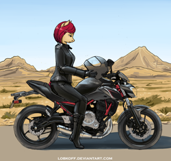 Size: 1600x1501 | Tagged: safe, artist:apocheck13, oc, oc only, anthro, clothes, desert, jacket, leather jacket, motorcycle, road, solo