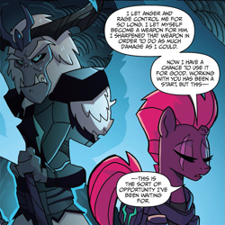 Size: 1053x1054 | Tagged: safe, artist:tonyfleecs, derpibooru import, idw, storm king, tempest shadow, my little pony: the movie, nightmare knights, spoiler:comic, spoiler:comicnightmareknights02, broken horn, horn, speech bubble, text