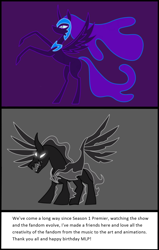 Size: 964x1516 | Tagged: safe, artist:all7, nightmare moon, pony of shadows, stygian, alicorn, shadow play, comic, glowing eyes, happy birthday mlp:fim, mlp fim's seventh anniversary, simple background