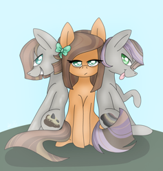 Size: 2668x2819 | Tagged: safe, artist:awoomarblesoda, derpibooru import, oc, oc only, oc:coarse dirt, oc:milk chocolate, oc:sedimentary pie, earth pony, pony, bow, colt, cousins, female, filly, hair bow, male, offspring, parent:cheese sandwich, parent:maud pie, parent:mud briar, parent:pinkie pie, parents:cheesepie, parents:maudbriar, tongue out, trio, unamused