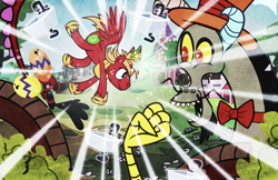 Size: 900x582 | Tagged: safe, artist:pixelkitties, big macintosh, discord, alicorn, crossover, cuphead, cuphead (character), discord vs big mac, king dice, princess big mac, studio mdhr, style emulation