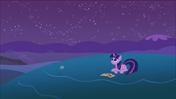 Size: 1600x900 | Tagged: artist needed, safe, twilight sparkle, pony, unicorn, book, female, field, grass, grass field, hill, looking up, mare, mountain, night, outdoors, prone, relaxing, smiling, solo, stars