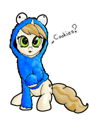 Size: 731x1027 | Tagged: safe, artist:tunrae, derpibooru import, sweet biscuit, pony, unicorn, adorabiscuit, clothes, cookie monster, costume, cute, dialogue, female, mare, simple background, transparent background