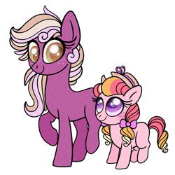 Size: 840x840 | Tagged: safe, artist:carouselunique, derpibooru import, oc, oc:honeycrisp blossom, oc:pink apple, earth pony, pony, colored pupils, duo, female, filly, freckles, interdimensional siblings, magical threesome spawn, mare, multiple parents, offspring, parent:big macintosh, parent:princess cadance, parent:shining armor, parents:cadmac, parents:shiningcadmac, simple background, sisters, transparent background