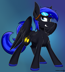 Size: 1422x1570 | Tagged: safe, artist:dangercloseart, oc, oc only, oc:rainbow night, pegasus, pony, commission, goggles, male, smiling, solo, stallion