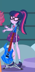 Size: 267x540 | Tagged: safe, derpibooru import, screencap, sci-twi, twilight sparkle, better together, equestria girls, rollercoaster of friendship, clothes, cropped, female, geode of telekinesis, glasses, guitar, ponytail, shoes, skirt, smiling, socks, solo focus