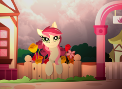 Size: 3506x2549 | Tagged: safe, artist:pedrohander, derpibooru import, roseluck, earth pony, pony, fence, flower, looking at you, rose, solo