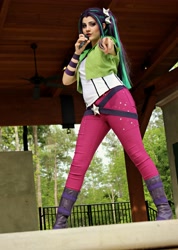 Size: 3348x4710 | Tagged: safe, artist:pinkiespartycannon12, artist:sarahndipity cosplay, aria blaze, human, equestria girls, rainbow rocks, absurd resolution, clothes, cosplay, costume, female, fence, irl, irl human, looking at you, microphone, pants, photo, pointing, scenery, solo, stage