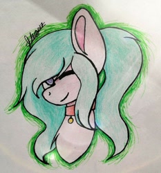 Size: 956x1024 | Tagged: safe, artist:creadorachan, oc, oc only, pony, bust, female, mare, one eye closed, portrait, solo, traditional art, wink