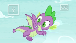 Size: 1920x1080 | Tagged: safe, derpibooru import, screencap, spike, dragon, father knows beast, claws, flying, male, smiling, tail, tv rating, tv-y, winged spike, wings