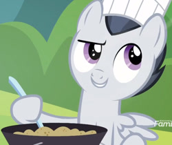 Size: 1105x928 | Tagged: safe, screencap, rumble, pegasus, pony, marks and recreation, chef's hat, colt, cooking, discovery family logo, hat, male, solo, toque, wings