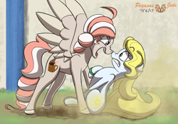 Size: 2500x1750 | Tagged: safe, artist:floofyfoxcomics, oc, oc only, oc:peppermint mocha (pegasusjedi), oc:sunlight days, earth pony, pegasus, pony, comic:a dash of peppermint, boop, female, floppy ears, mare, noseboop, story included