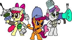 Size: 1917x1073 | Tagged: safe, artist:blackrhinoranger, derpibooru import, apple bloom, scootaloo, sweetie belle, bipedal, clothes, costume, cutie eds crusaders, cutie mark crusaders, dawn of the eds, ed edd n eddy, female, filly, hoof hold, spacesuit, weapon